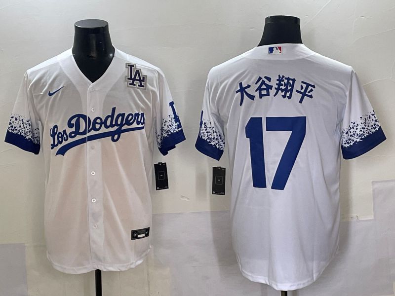 Men Los Angeles Dodgers #17 Ohtani White blue City Edition Nike MLB Jersey style 7